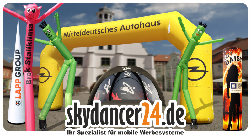 Portfolio Wimmelbild mit Skydancer, Torbogen, Aircone, Eventzelt, Werbesäule und Co.